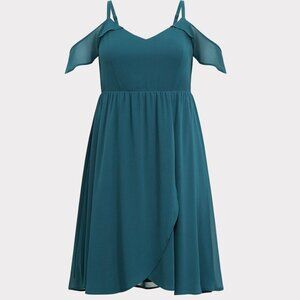 Cold-Shoulder Teal Midi Dress with Wrap Skirt